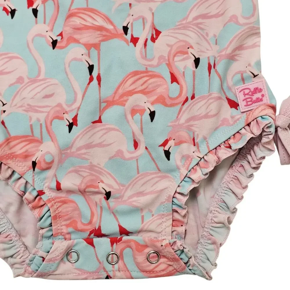 RuffleButts Vibrant Flamingo Long Sleeve One Piece Rash Guard Swimsuit 18-24 MO